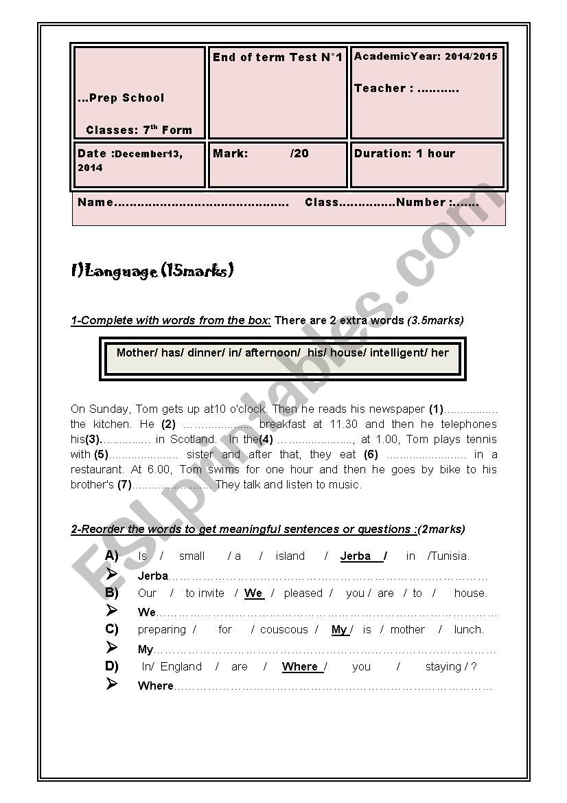 End Of Term Test 1 worksheet