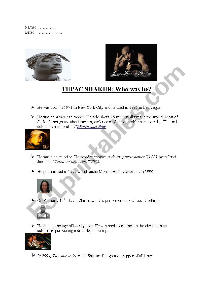 Reading comprehension on TUPAC SHAKUR (past simple)