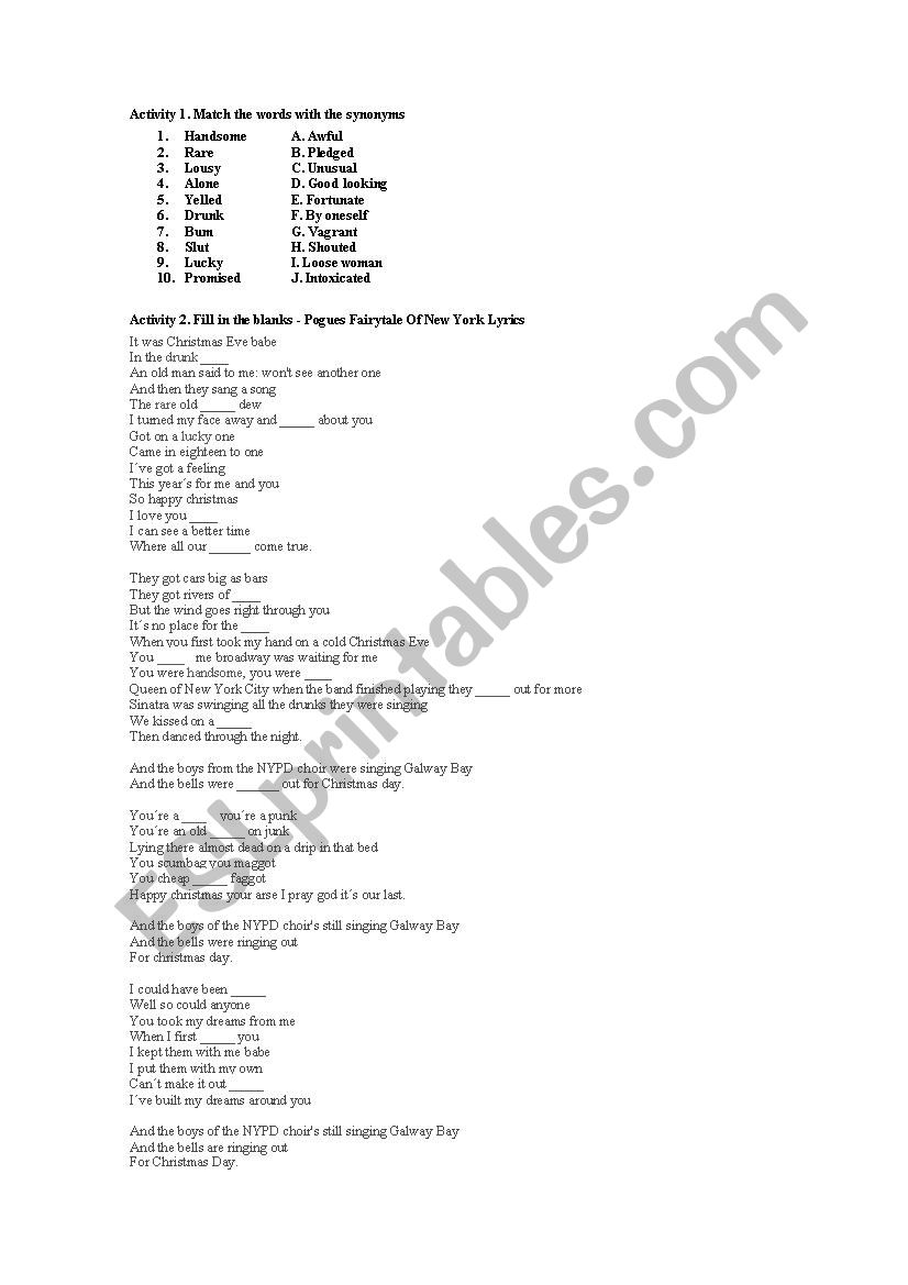 Fairytale of New York worksheet