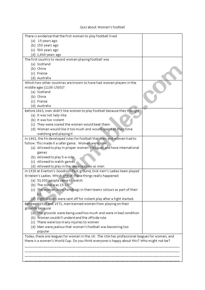 Quiz about womens football worksheet