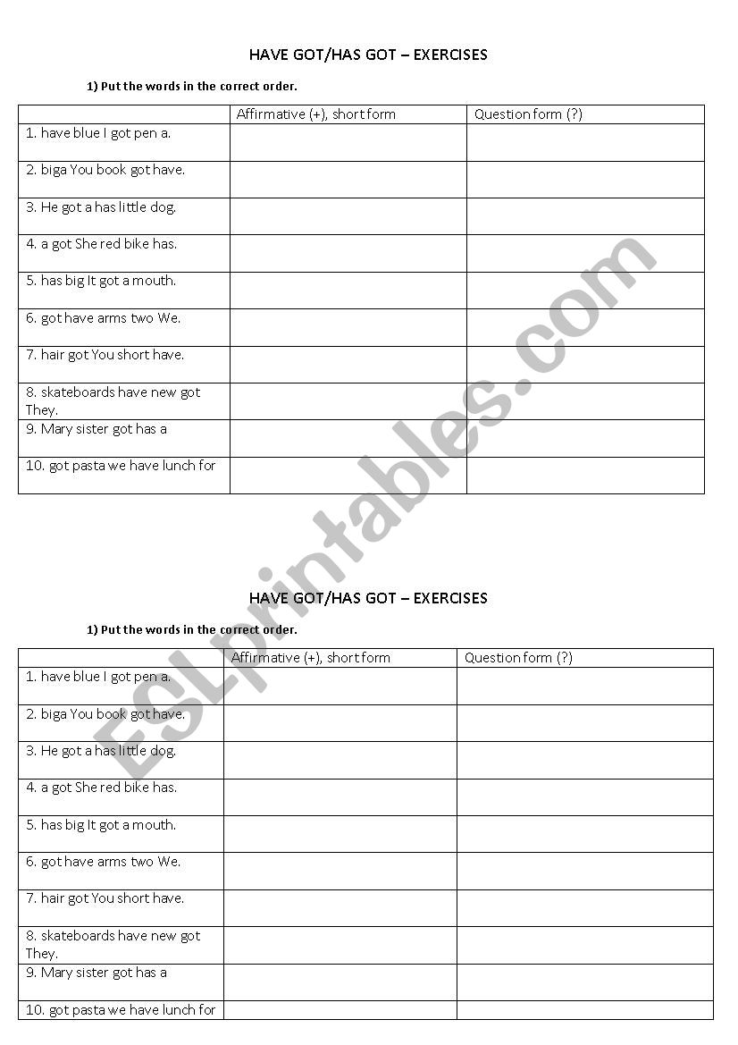 Have got/has got exercises worksheet