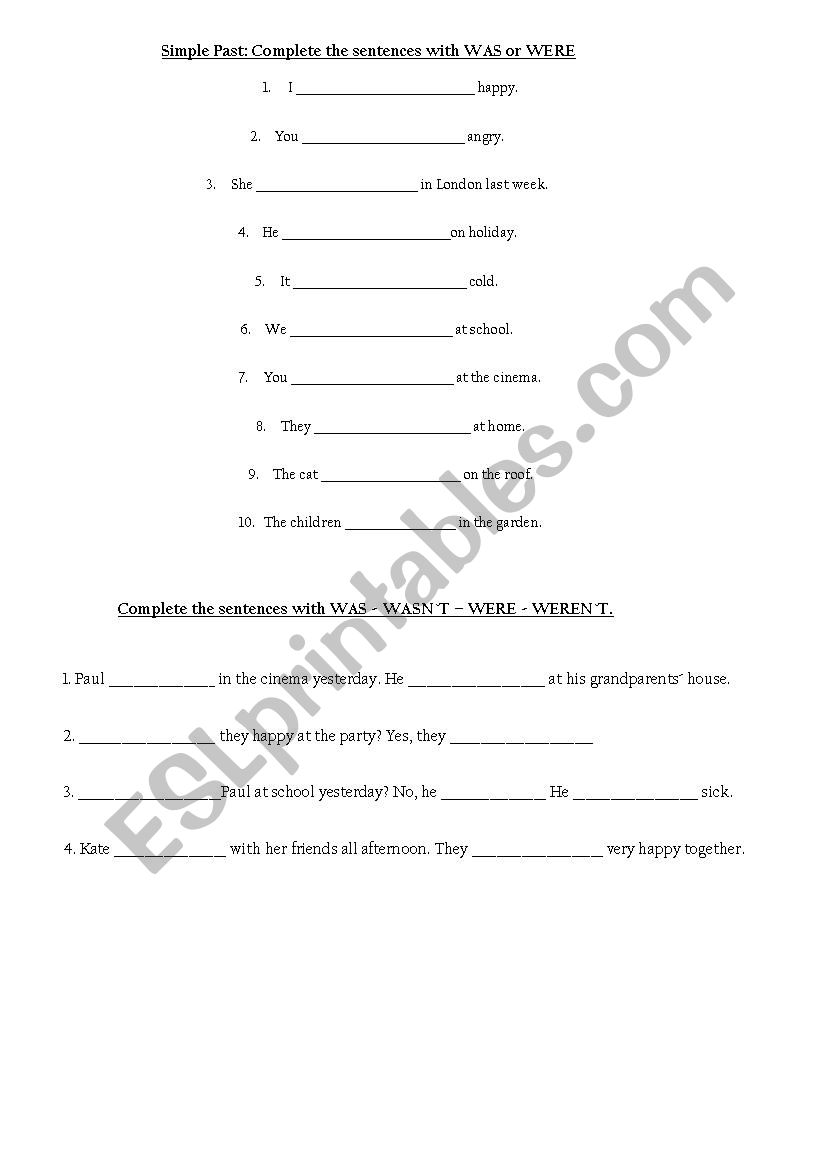 Simple Past Verb To Be worksheet