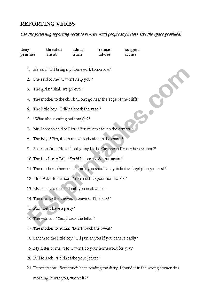 reported speech reporting verbs exercises pdf