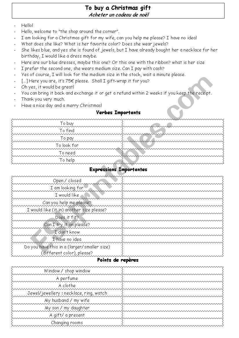 Buy a christmas gift worksheet