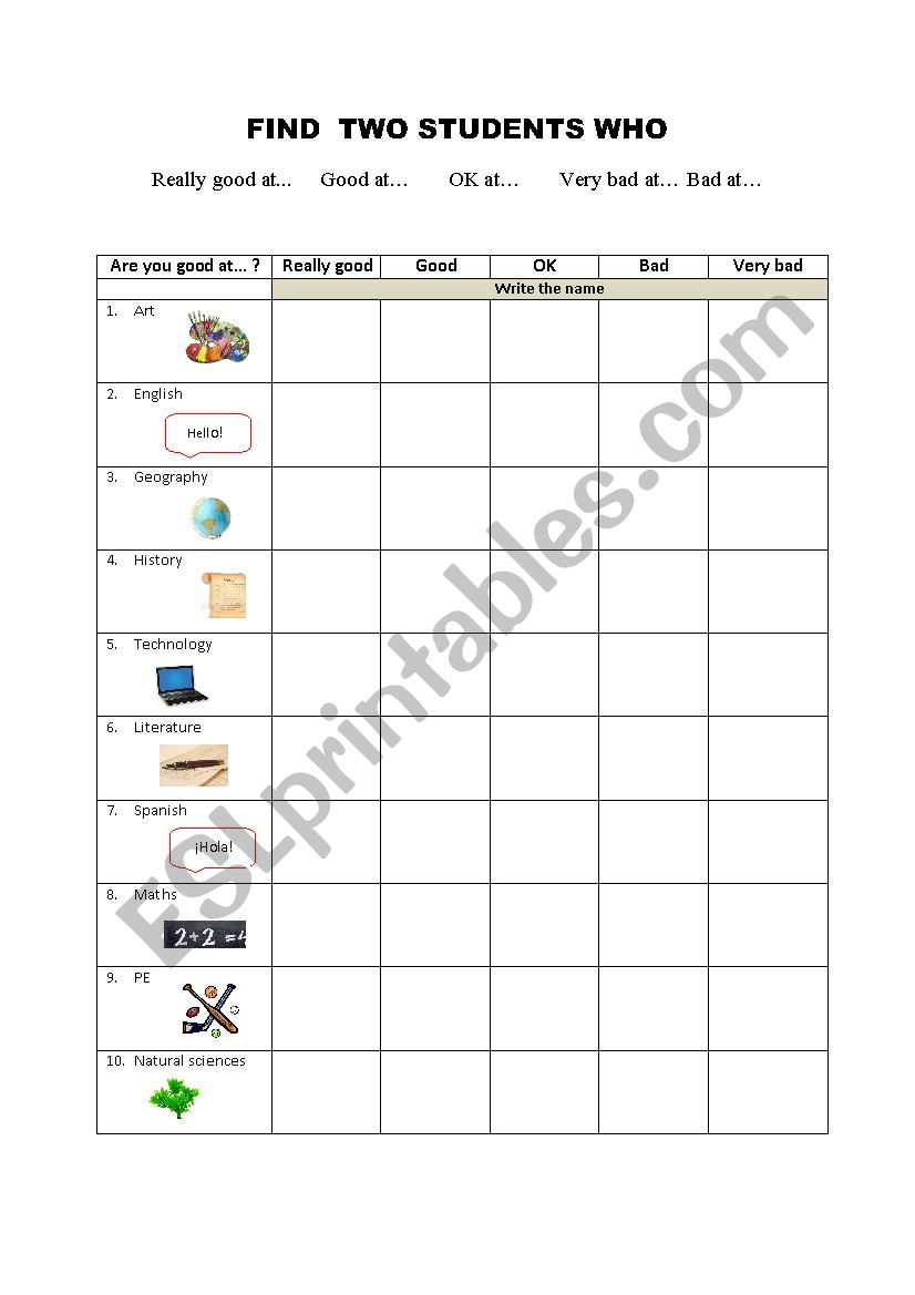 School subjects survey worksheet