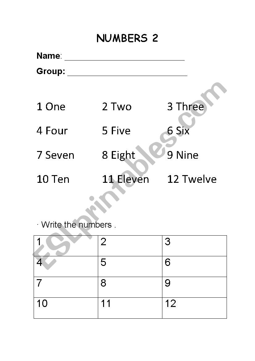Numbers Writing worksheet