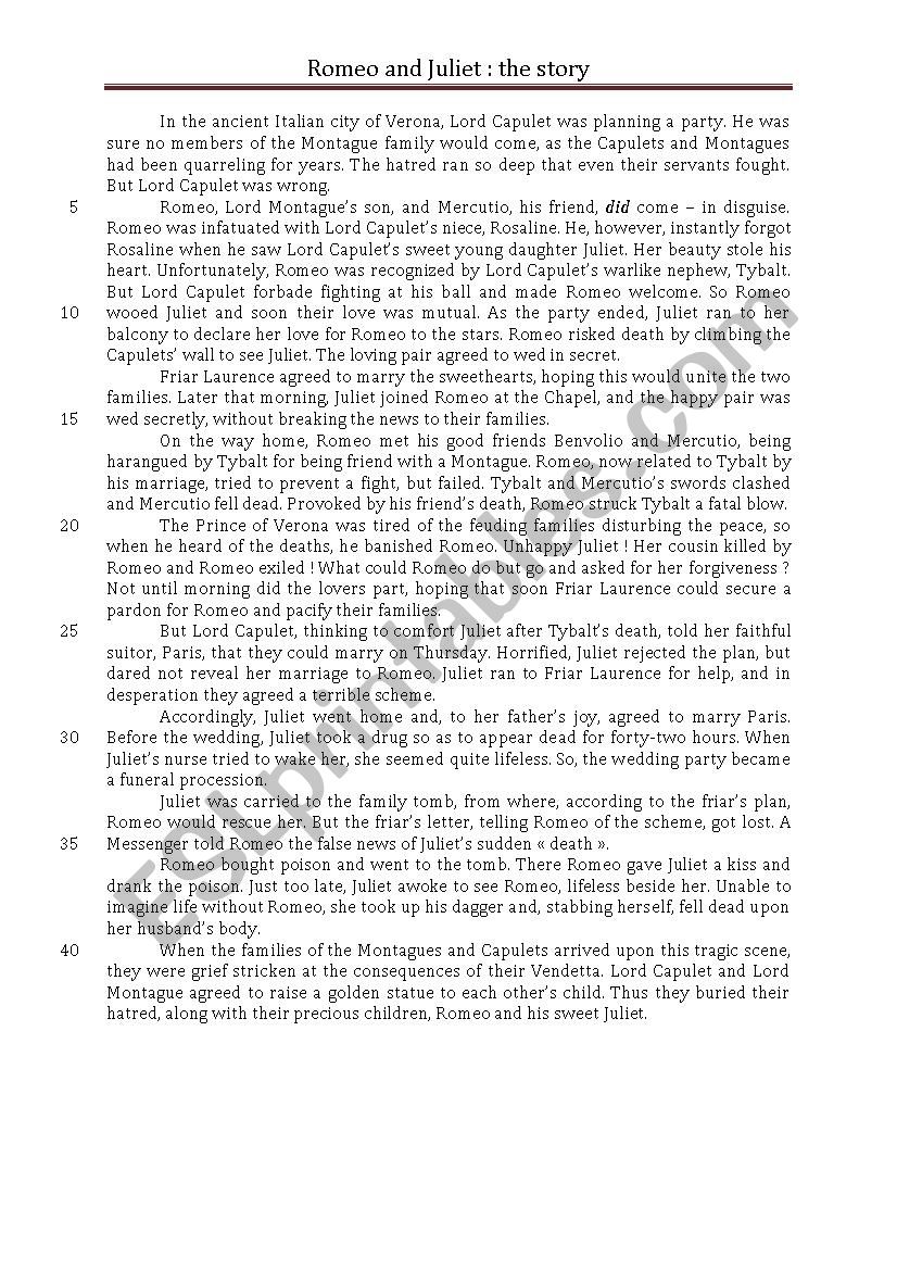 the story of Romeo and Juliet worksheet