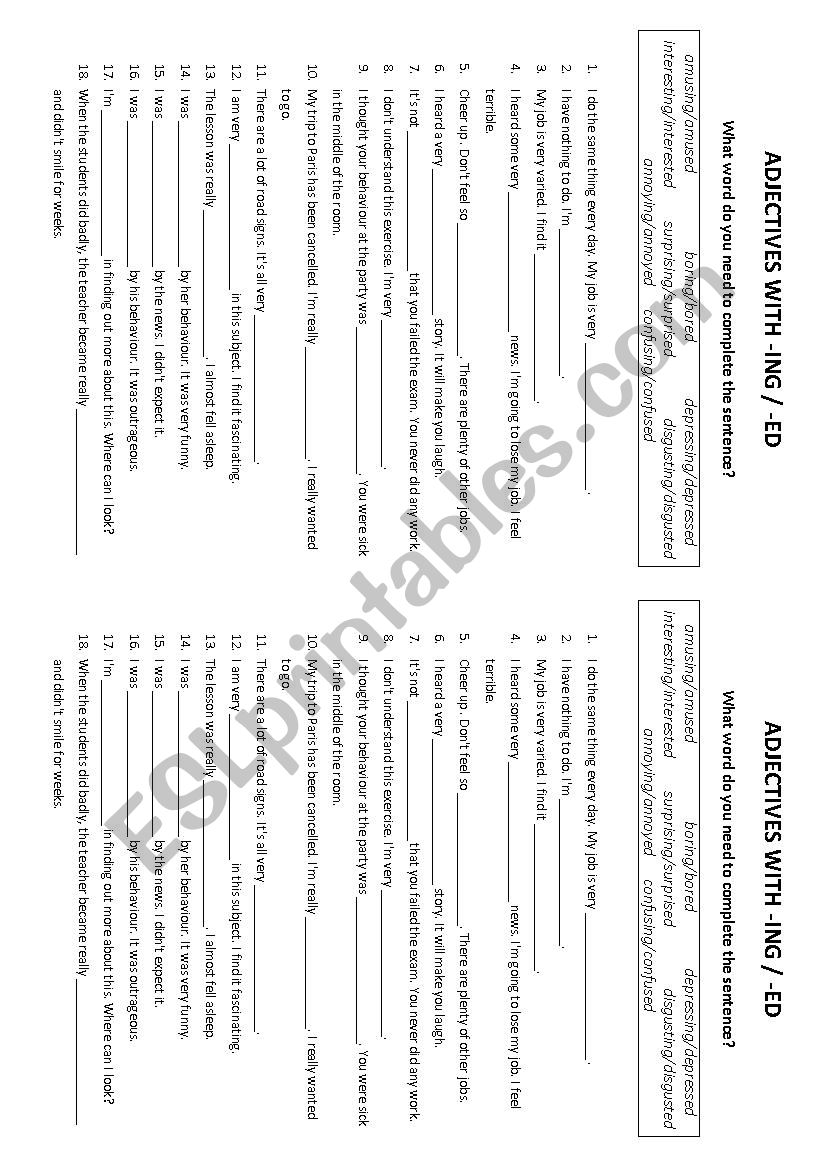 -ed vs. -ing adjectives worksheet