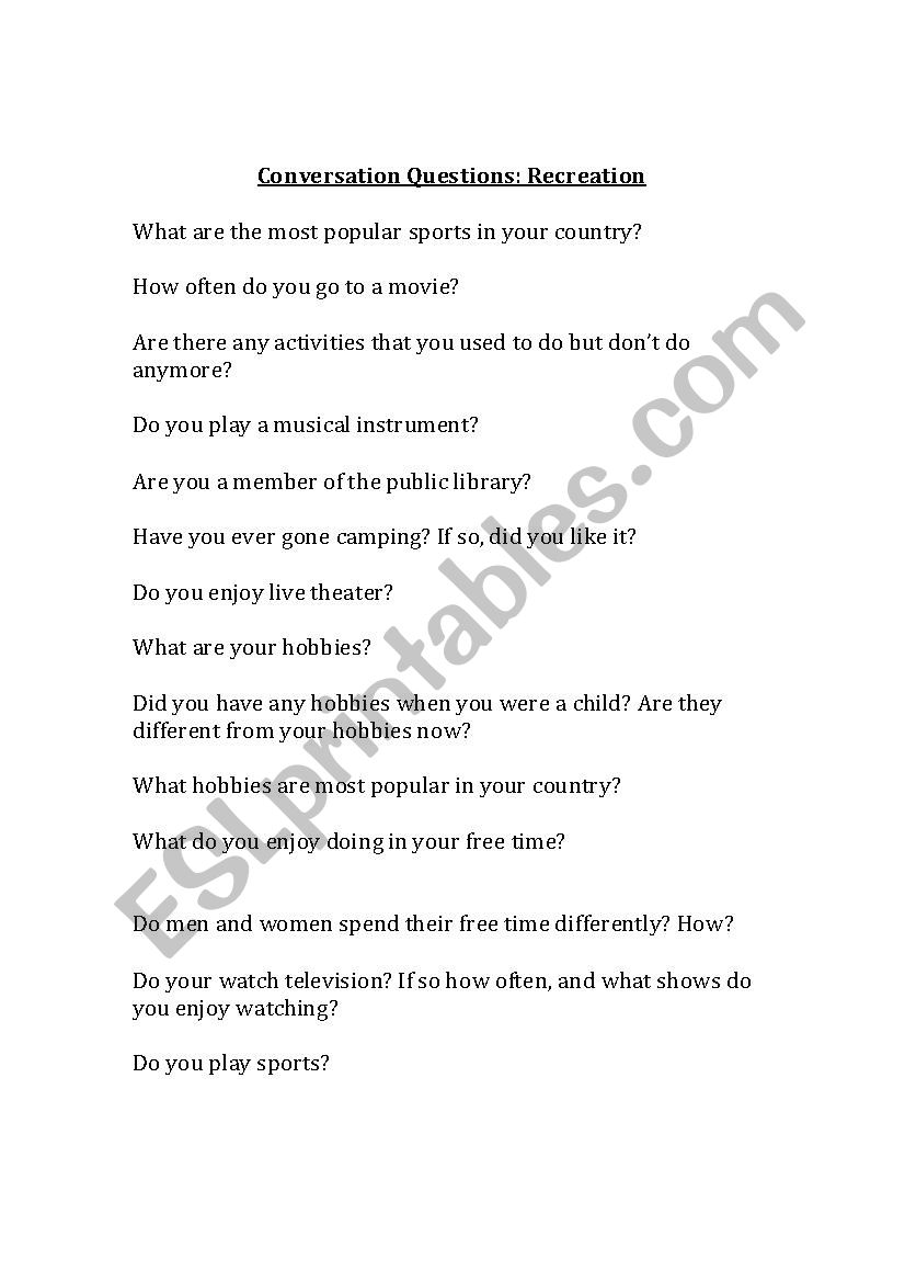 Conversation Questions (Recreation & Hobbies)