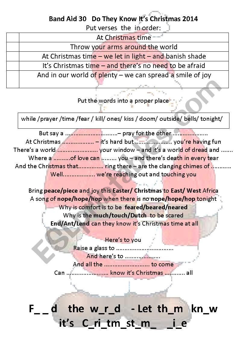 Band Aid 30 Do They Know It S Christmas 14 Esl Worksheet By Grikoga