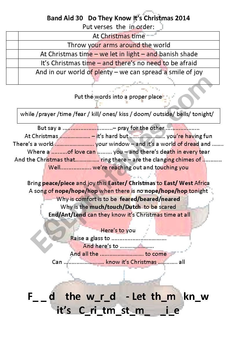 Band Aid 30 Do They Know It’s Christmas 2014 ESL worksheet by grikoga