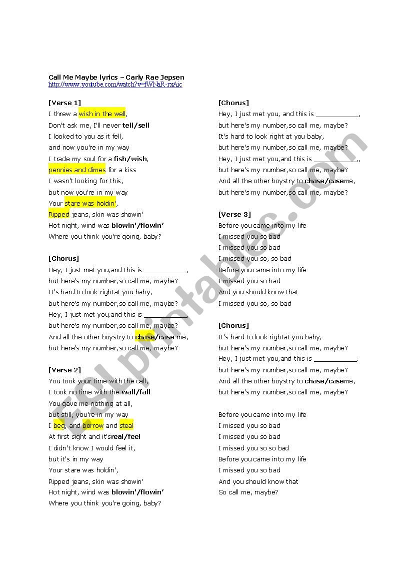 Song Call Me Maybe Listening Discussion Esl Worksheet By Jema