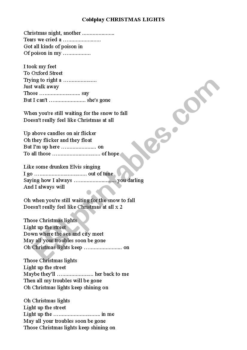 christmas lights Coldplay worksheet