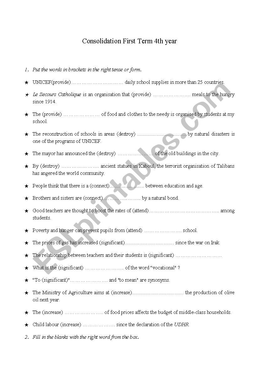 consolidation 4th year worksheet