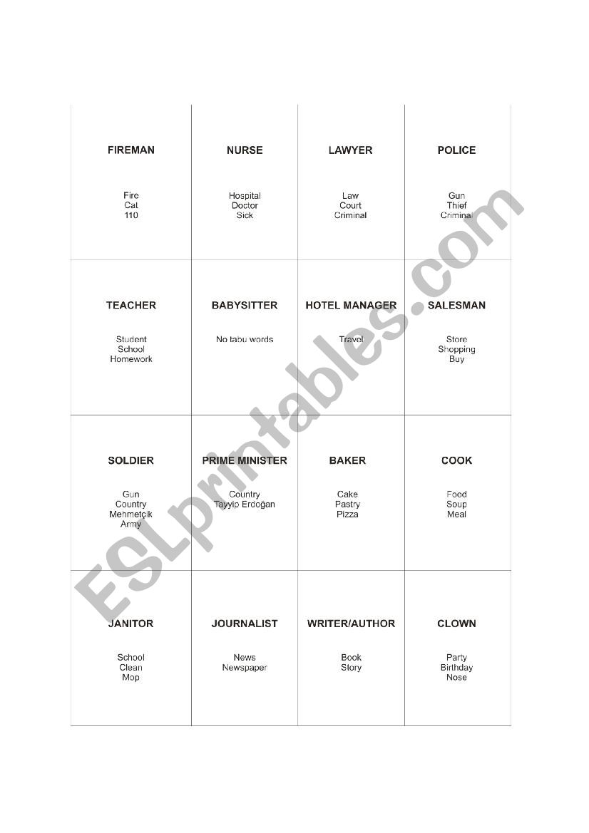 taboo game worksheet