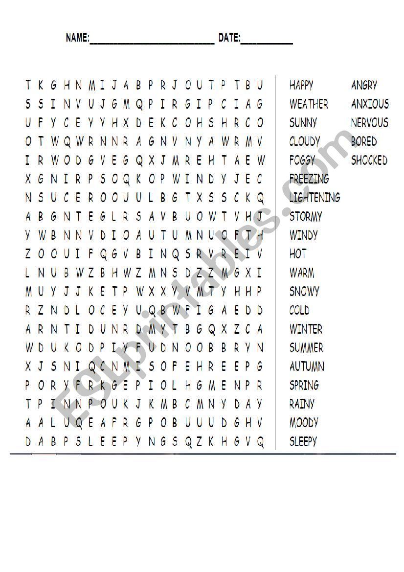 WEATHER CONDITIONS AND EMOTIONS WORDSEARCH 