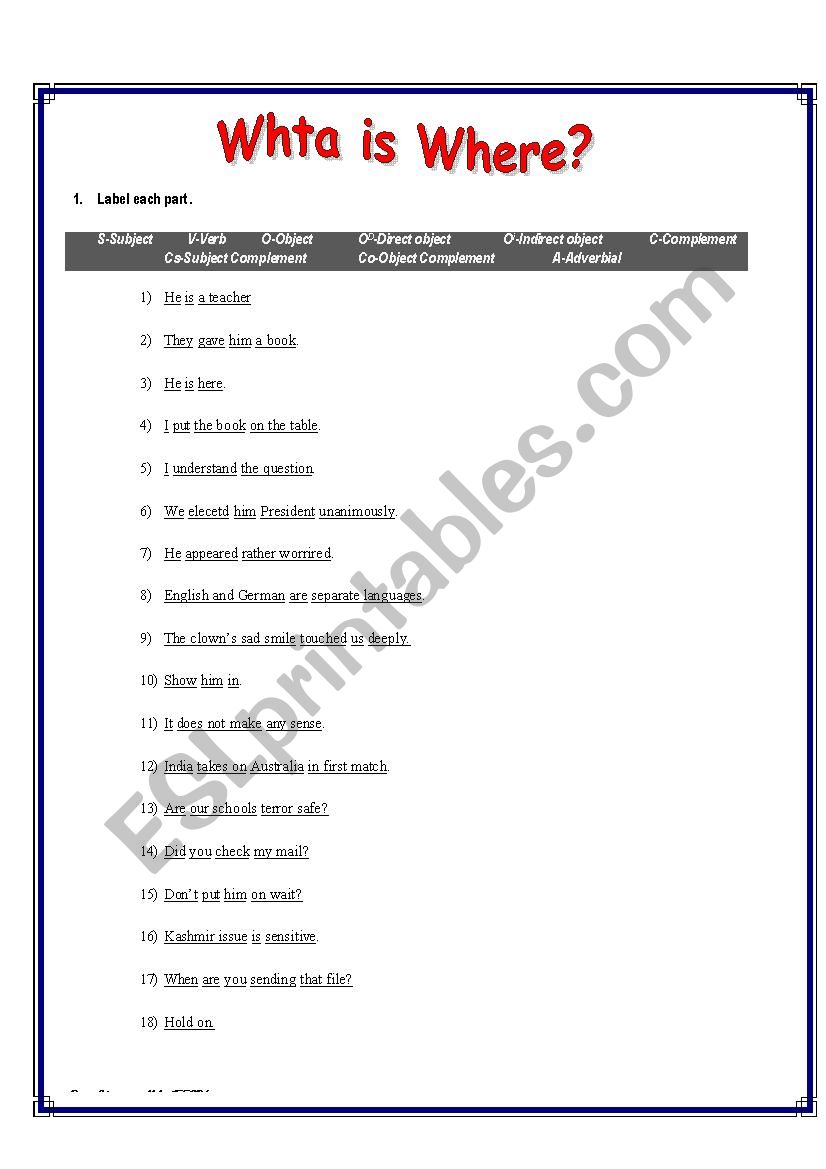 ELEMENTS OF A SENTENSE worksheet