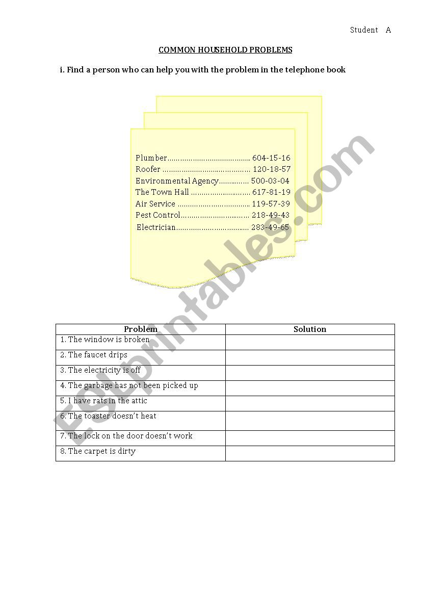 Household Problems worksheet