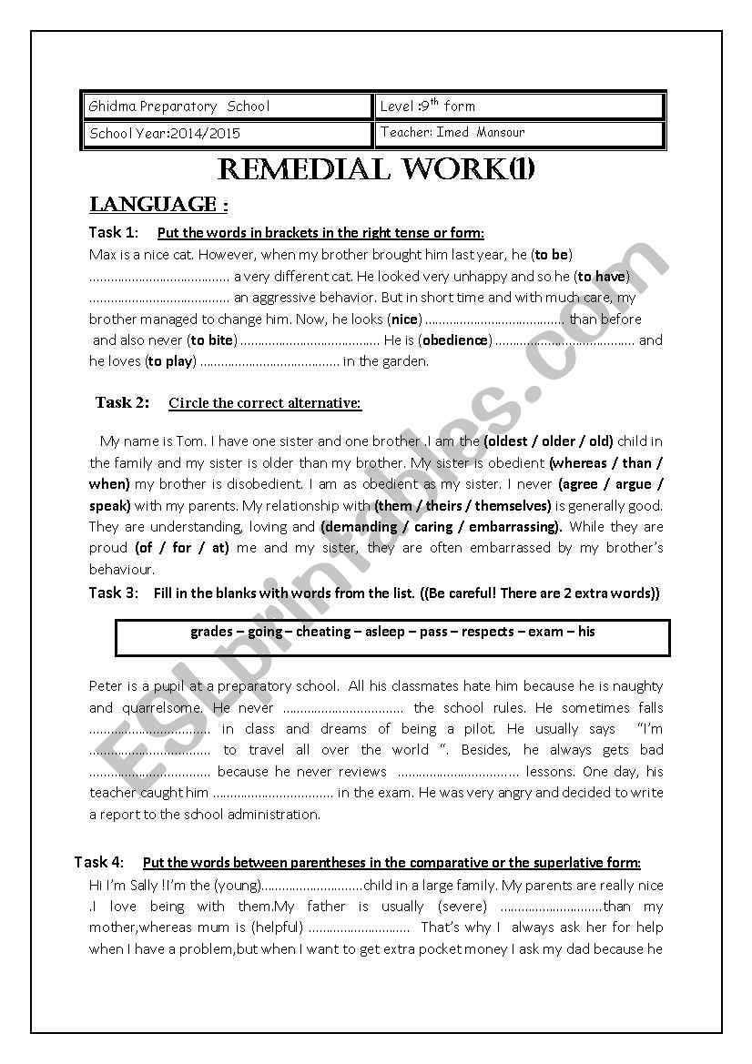Remedial work1 (9th form) worksheet