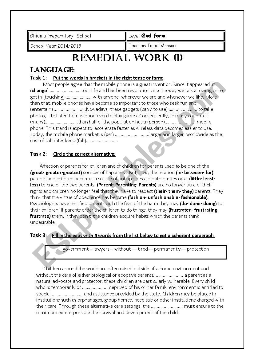 Remedial work1 (2nd form ) worksheet