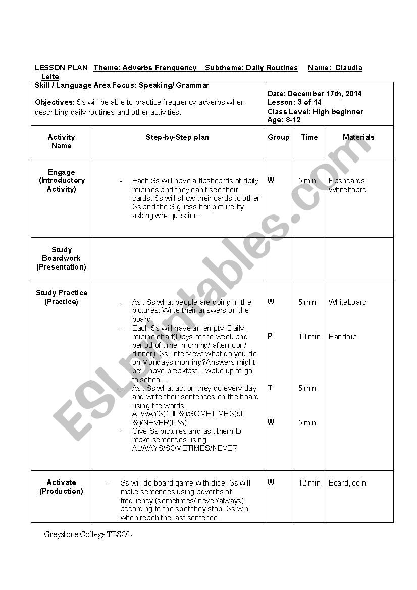 Lesson Plan Daily Routines worksheet