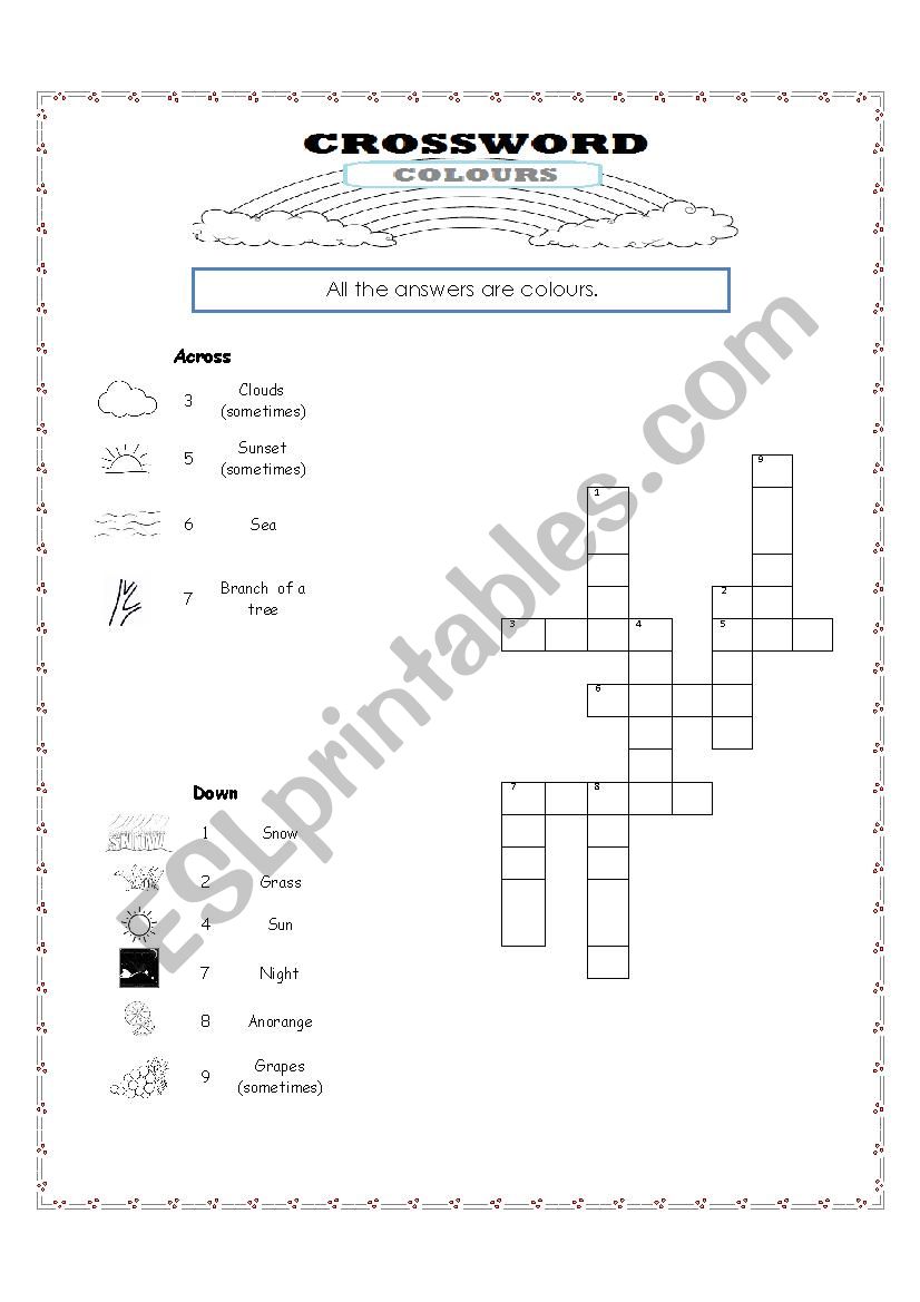 crossword: colours worksheet