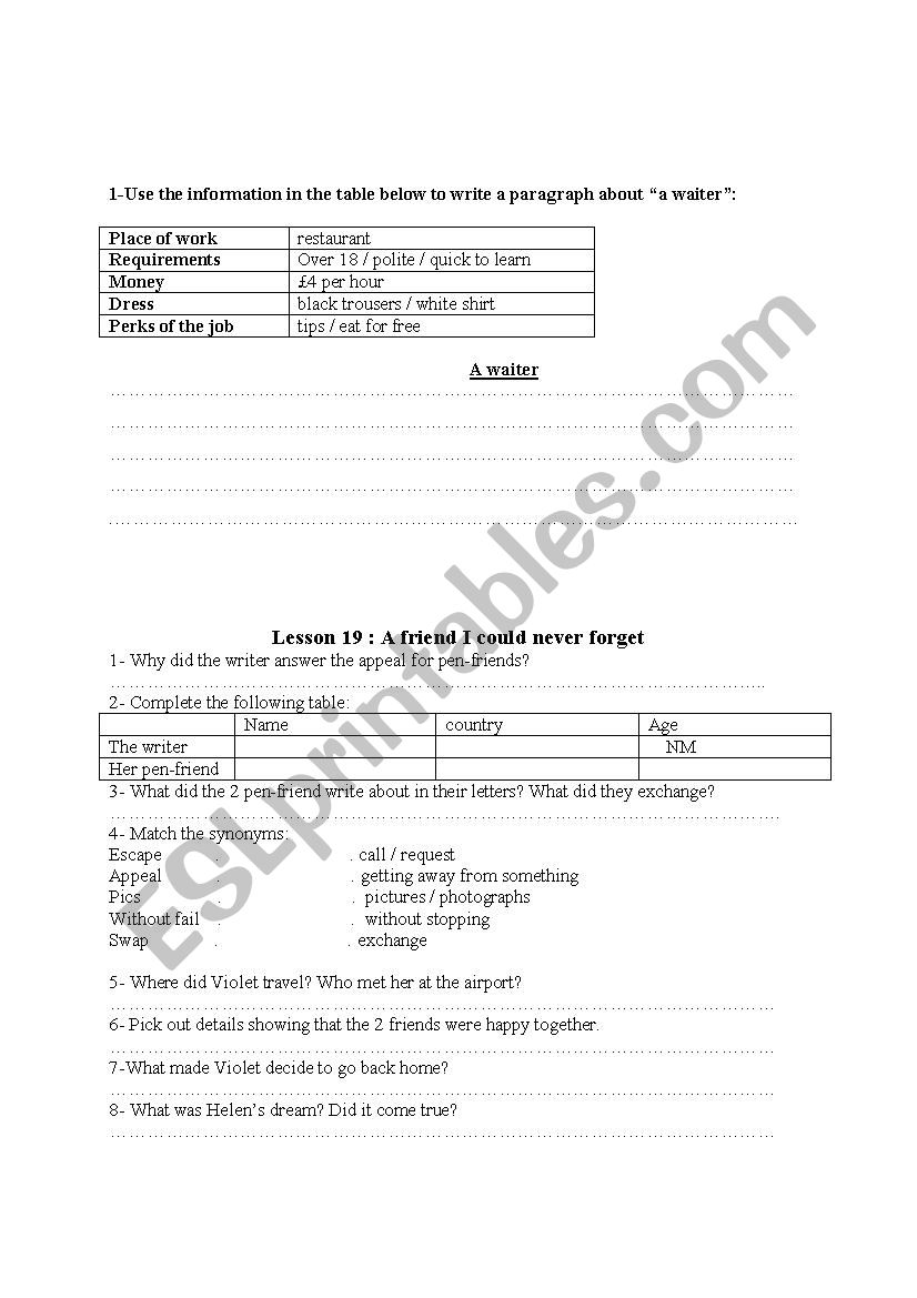 A guided  writing task and a worksheet for lesson 19: A friend I could never forget (1st form)