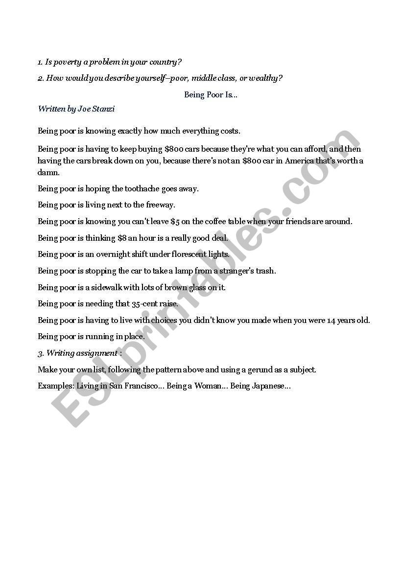 Being Poor Is... worksheet