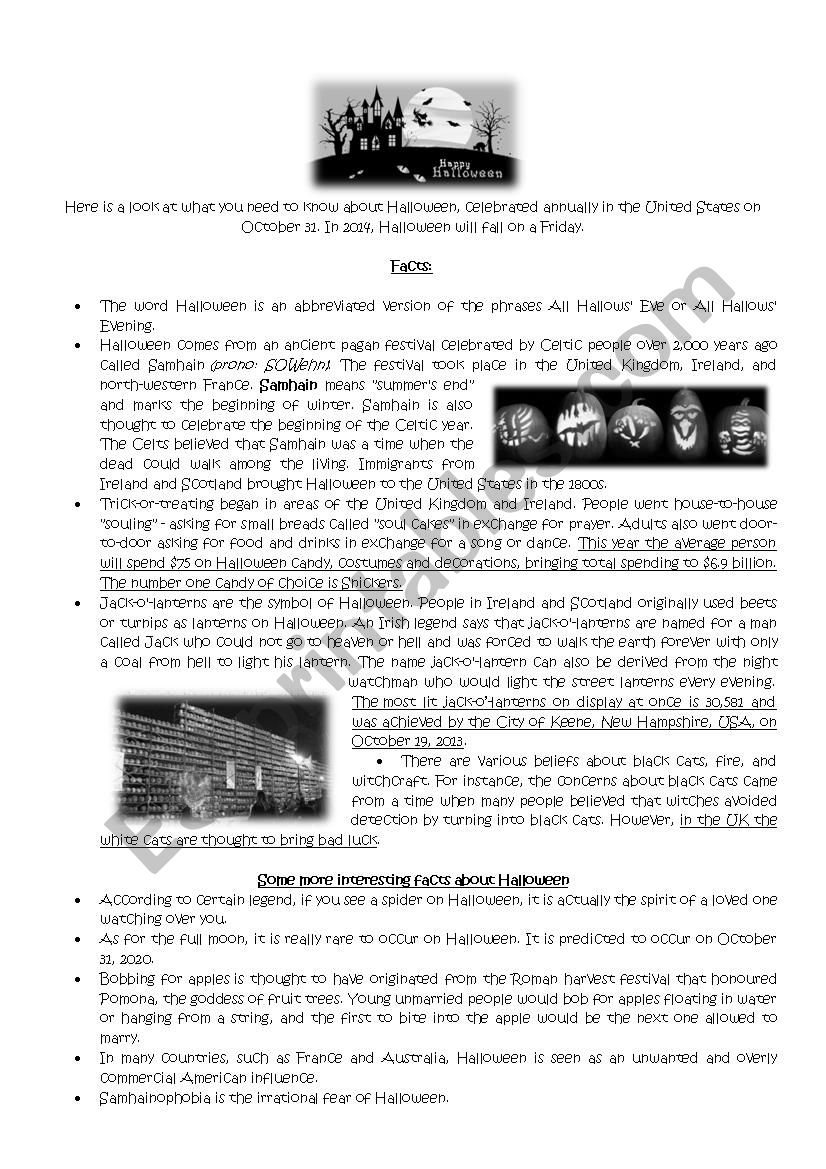 Halloween - interesting facts worksheet