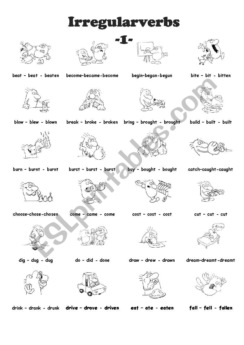 Irregular verbs handout  1/4 worksheet