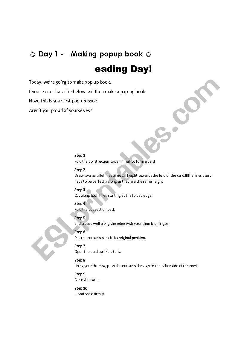 reading day- making popupbook worksheet
