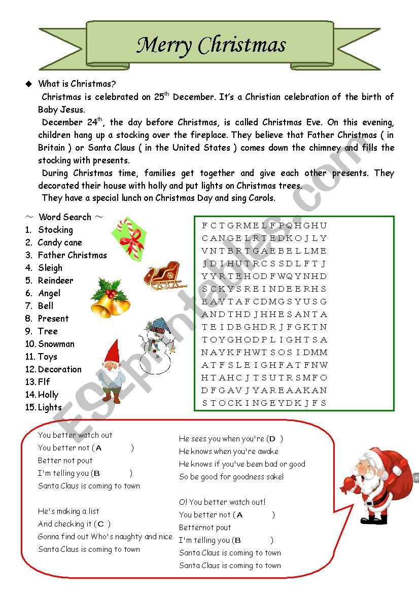 christmas song and quiz worksheet