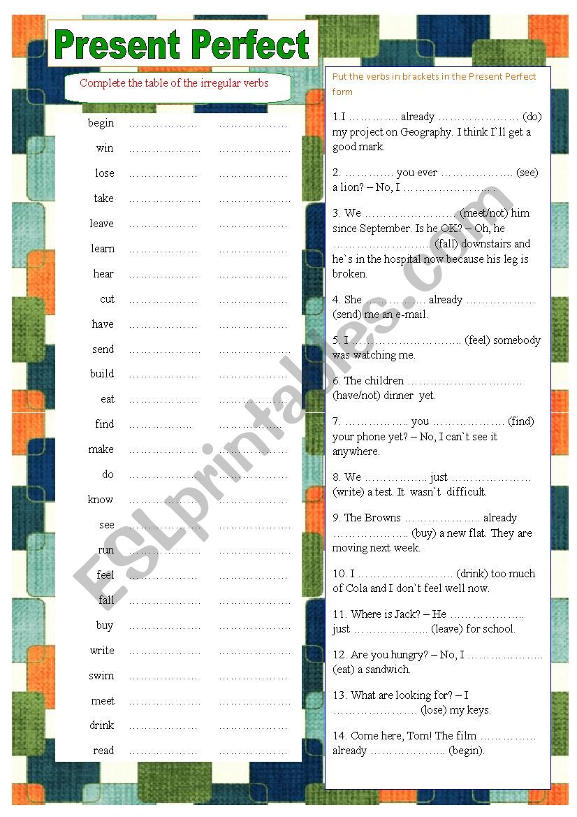 the Present Perfect worksheet