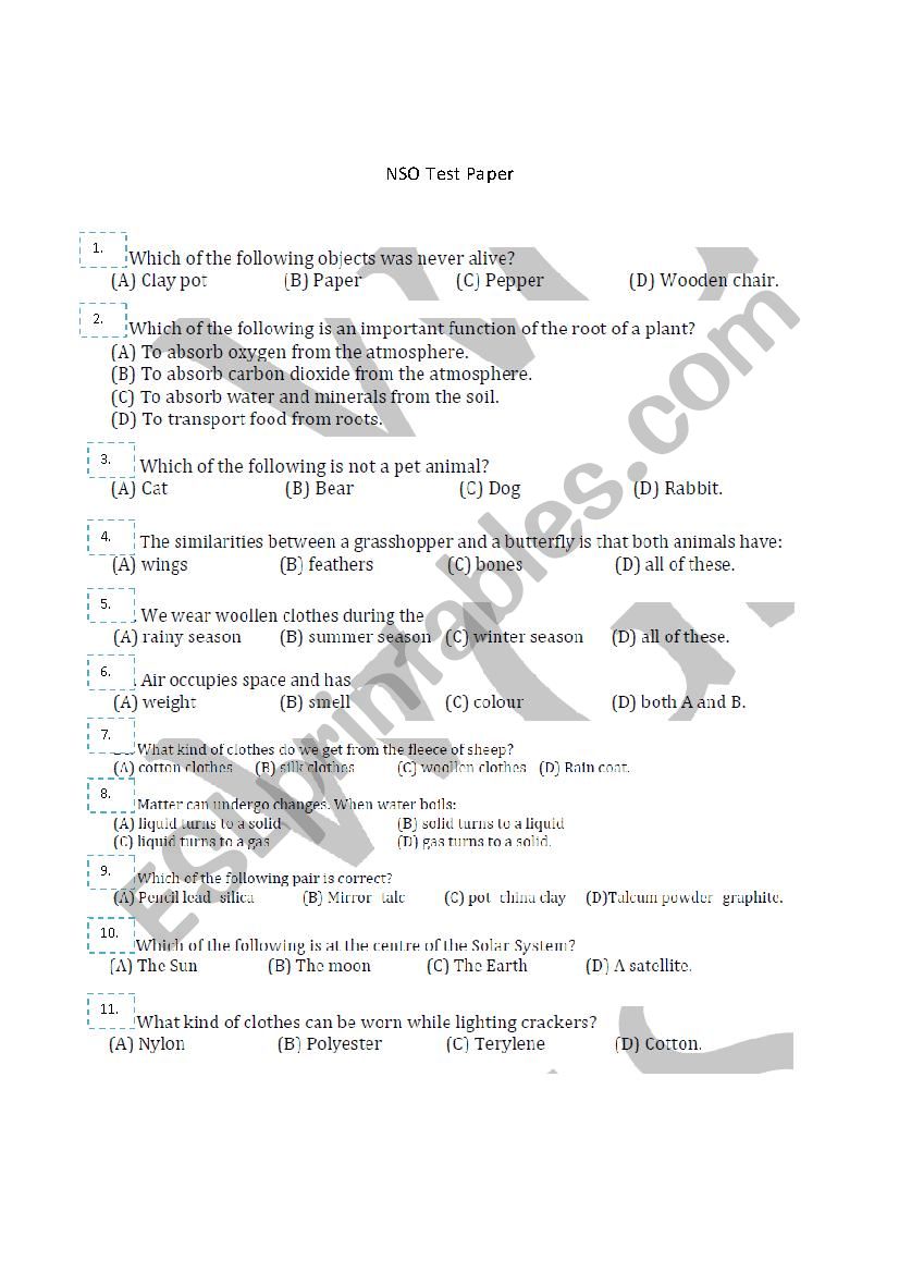 Practice paper for NSO std 1 worksheet