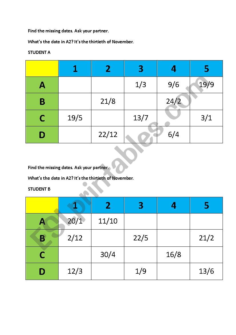 Find the missing dates worksheet