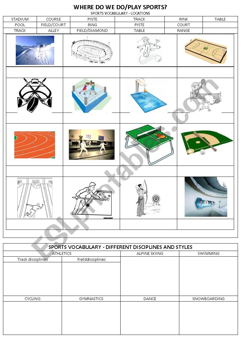 Sports vocabulary - location worksheet