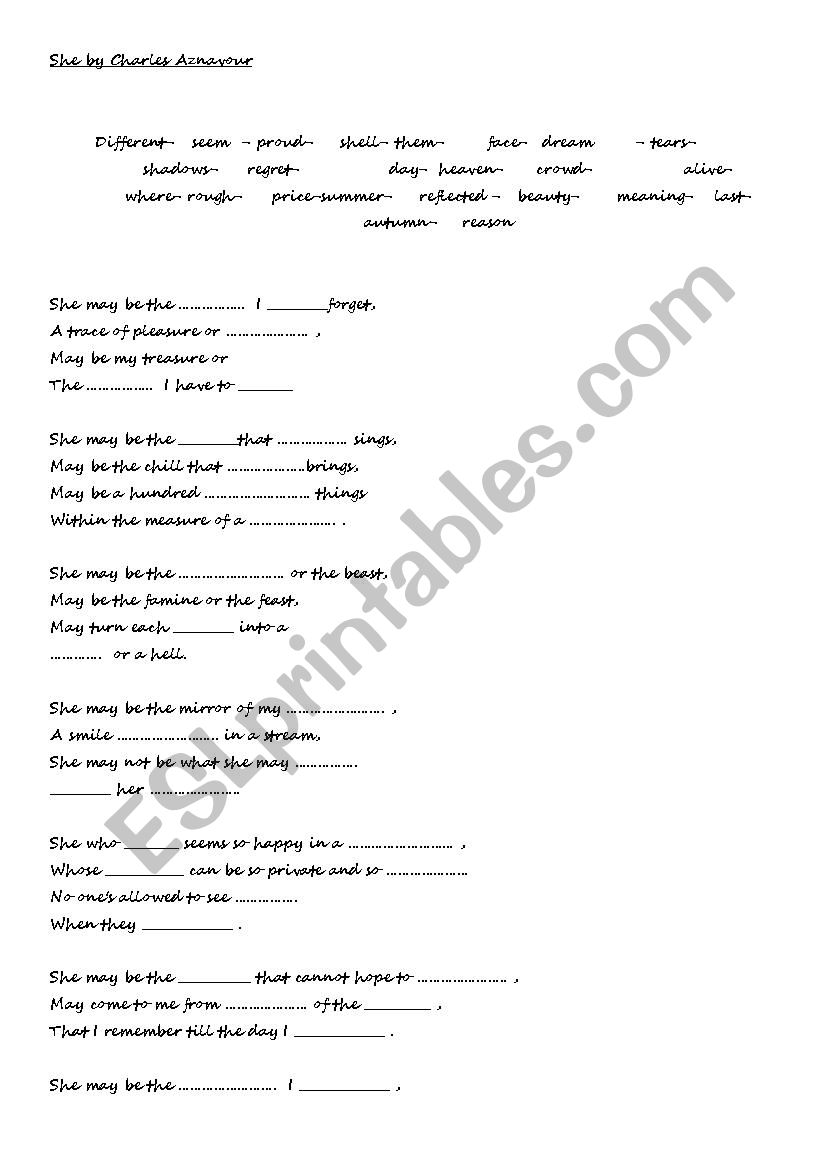 She by Charles Aznavour worksheet