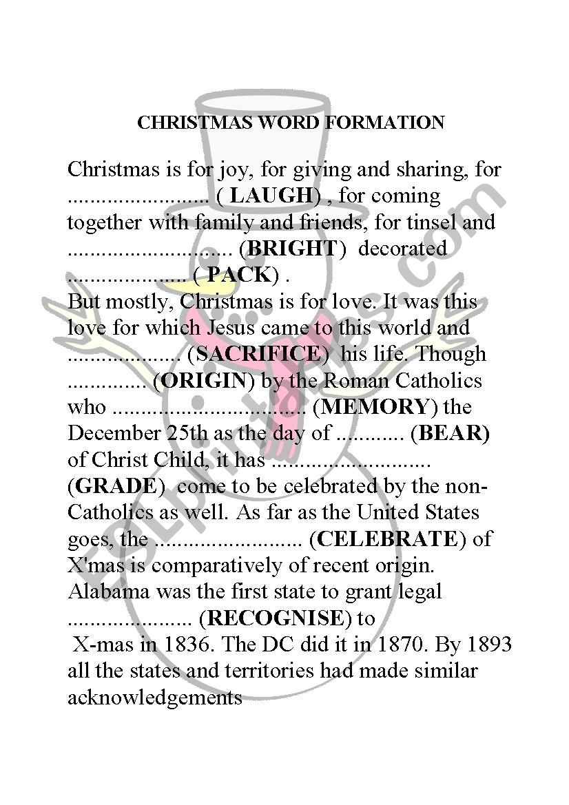CHRISTMAS WORD FORMATION worksheet