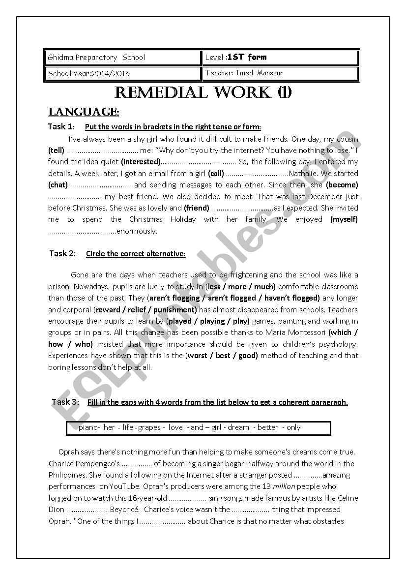 Remedial work 1st form (1) worksheet
