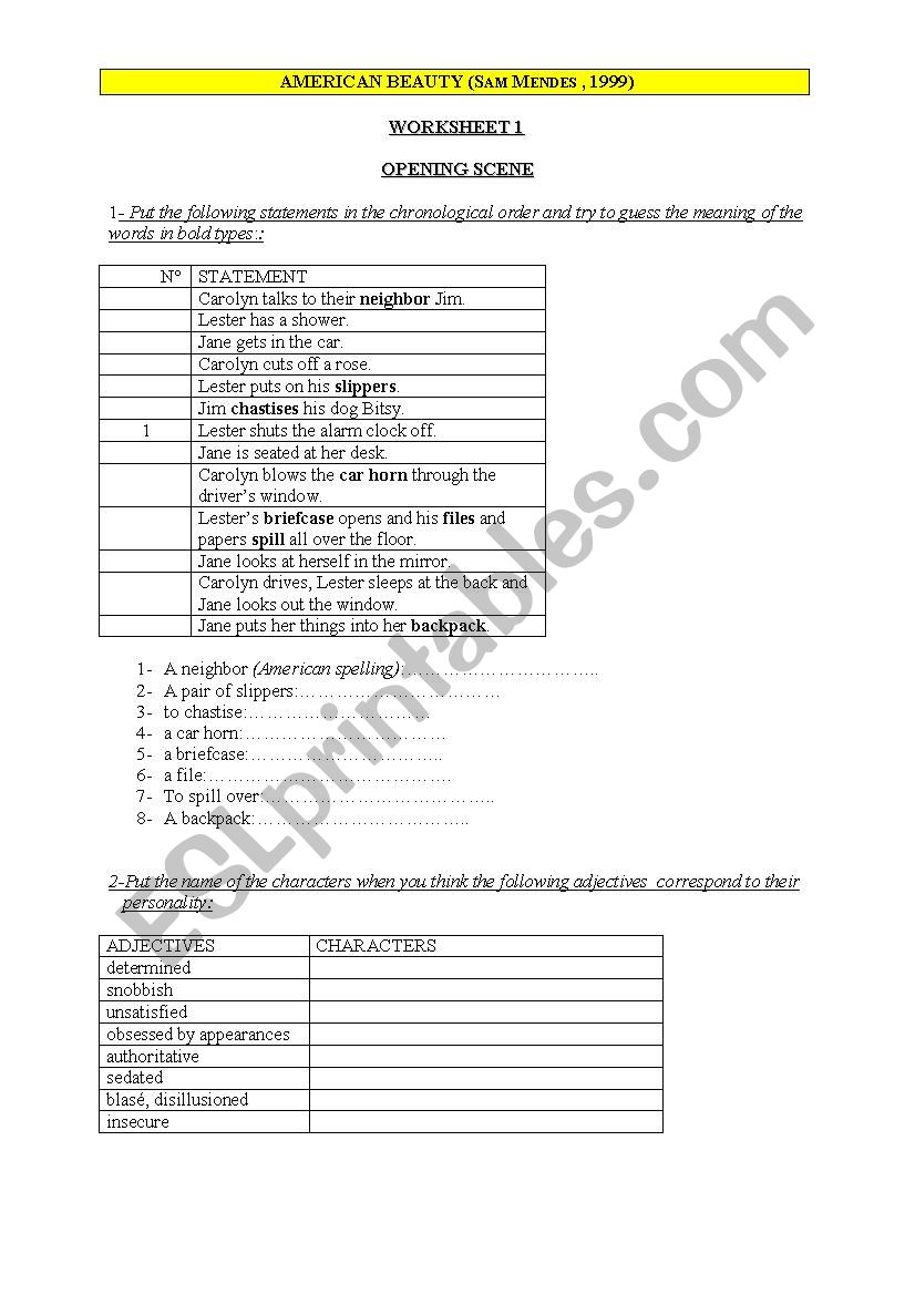 American Beauty worksheet