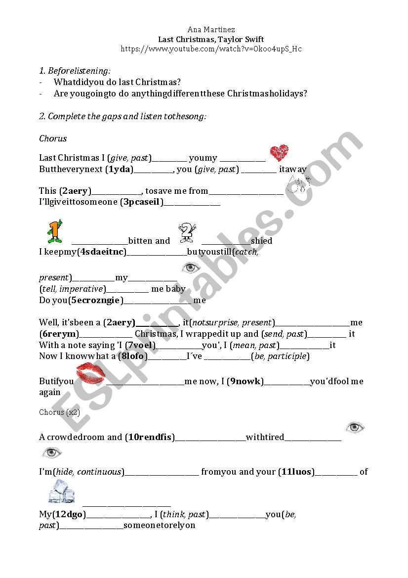 Last Christmas: Taylor Swift worksheet