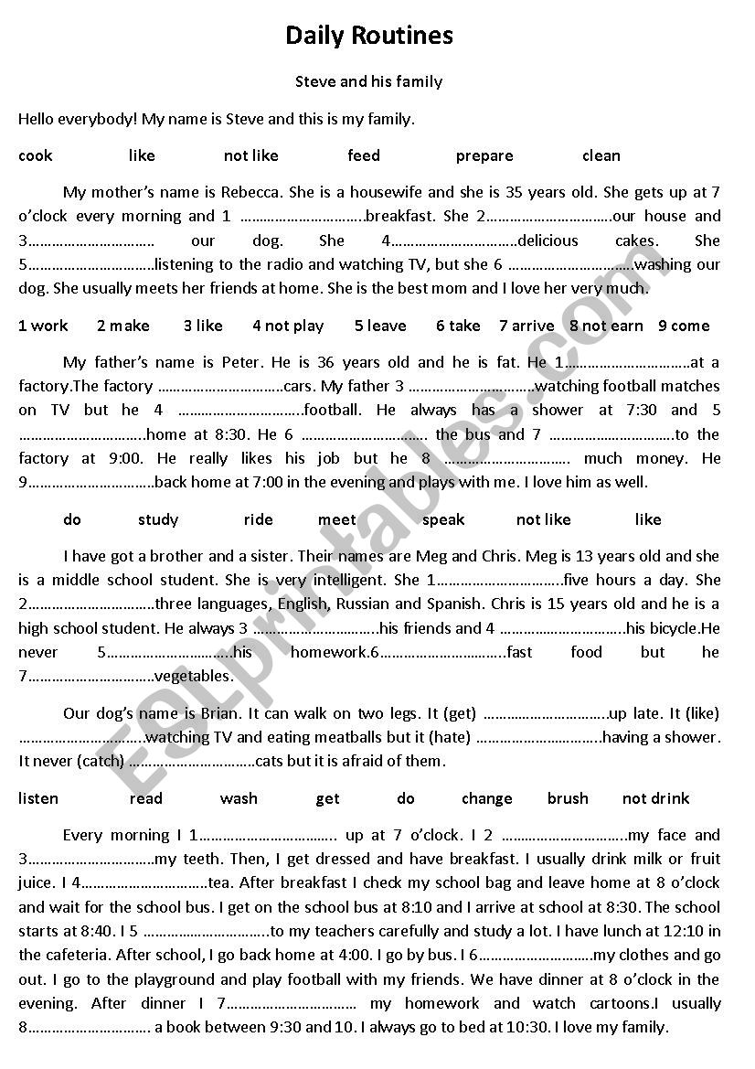 Daily routines worksheet