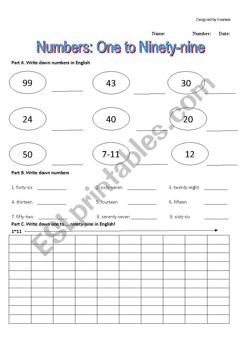 Numbers worksheet