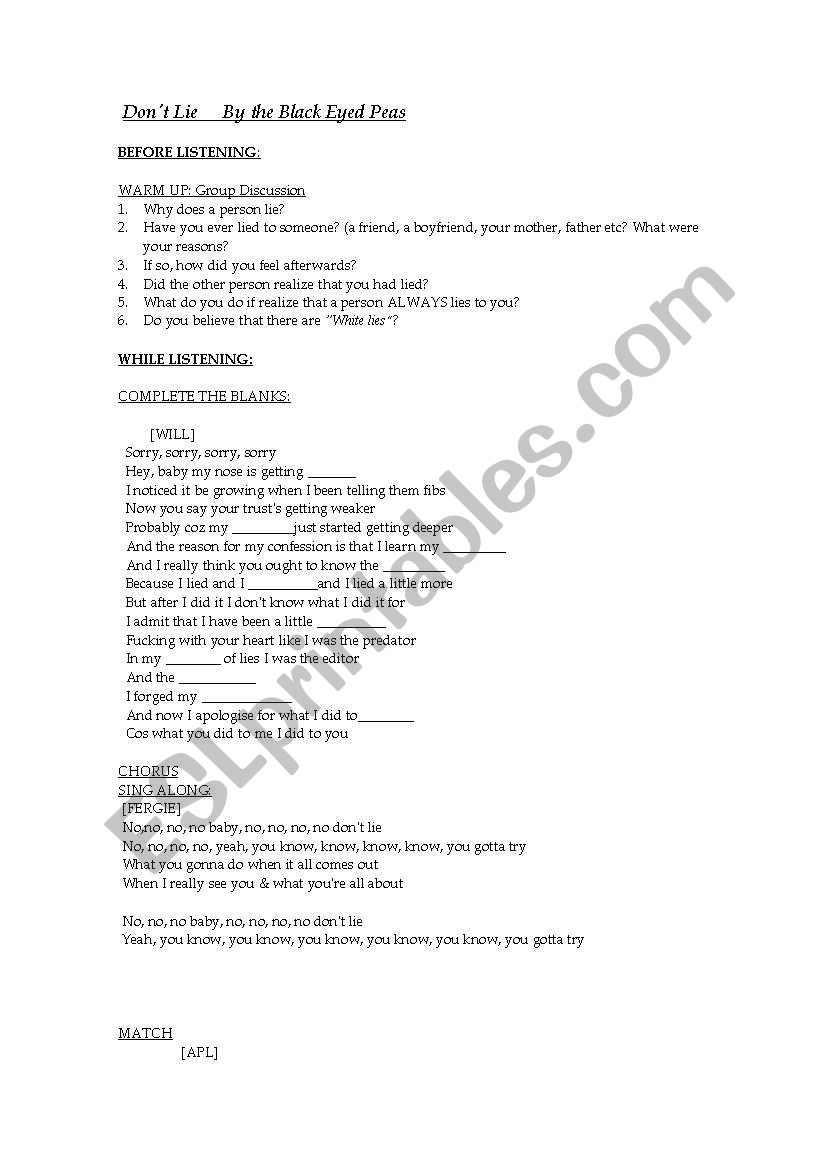 Song: DonÂ´t lie by the Black Eyed Peas