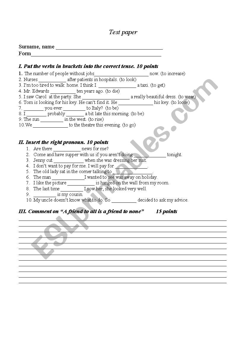 test paper  worksheet