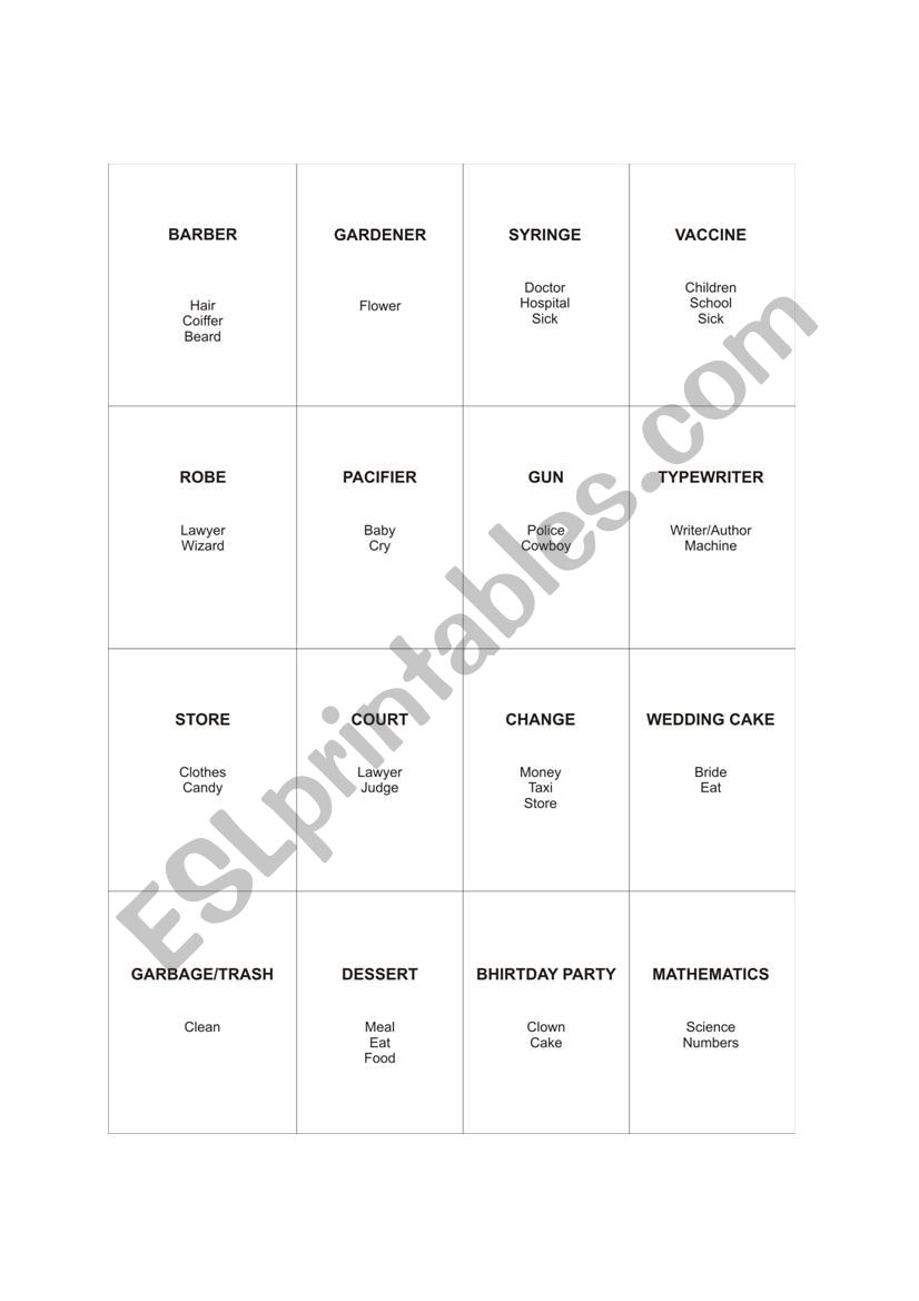 taboo game worksheet