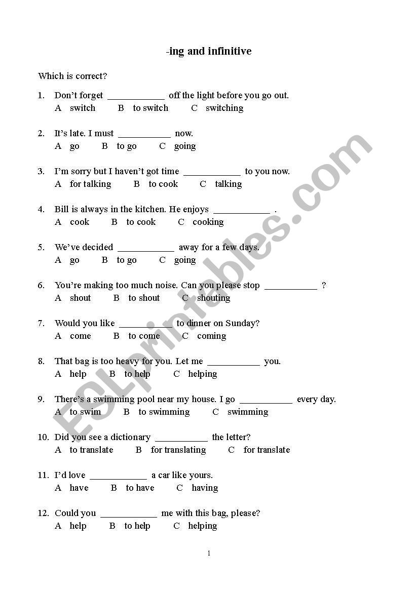 Gerunds and infinitive worksheet