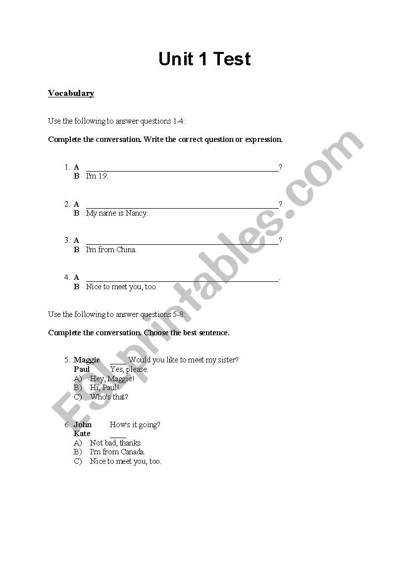 test  for beginners worksheet