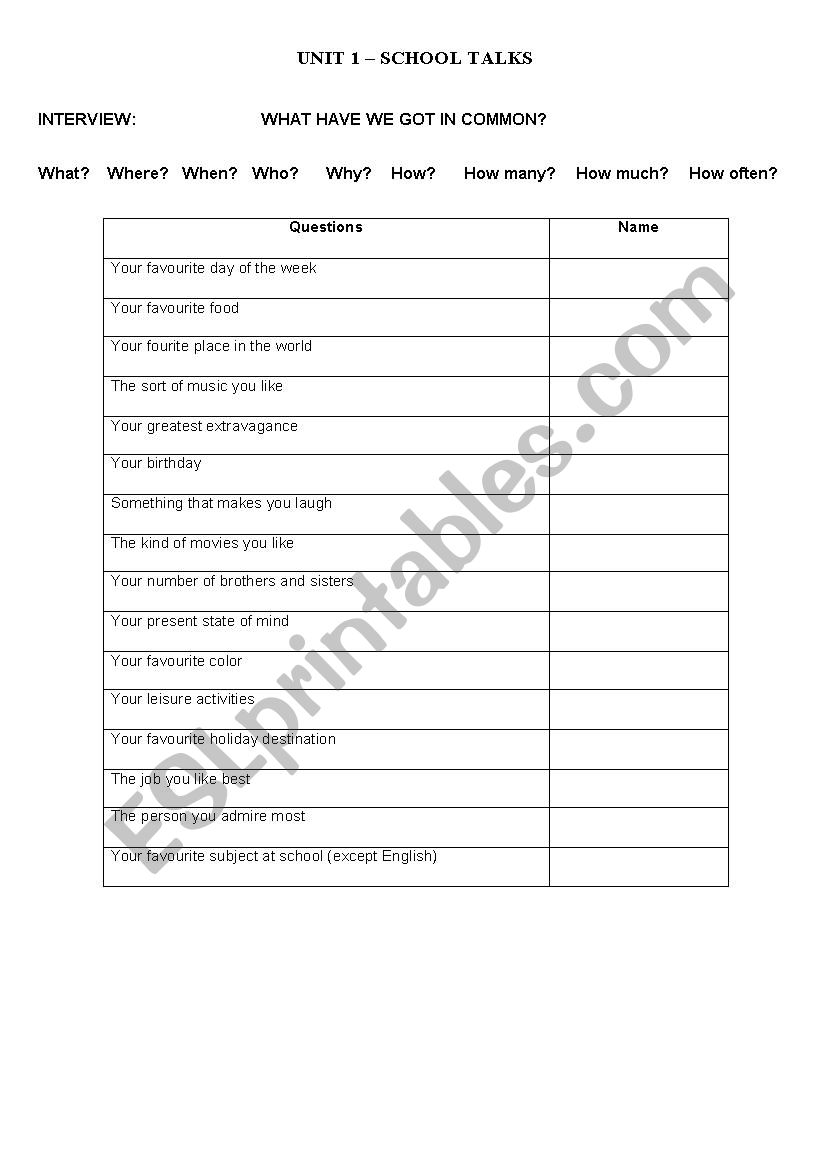 Interview Form worksheet