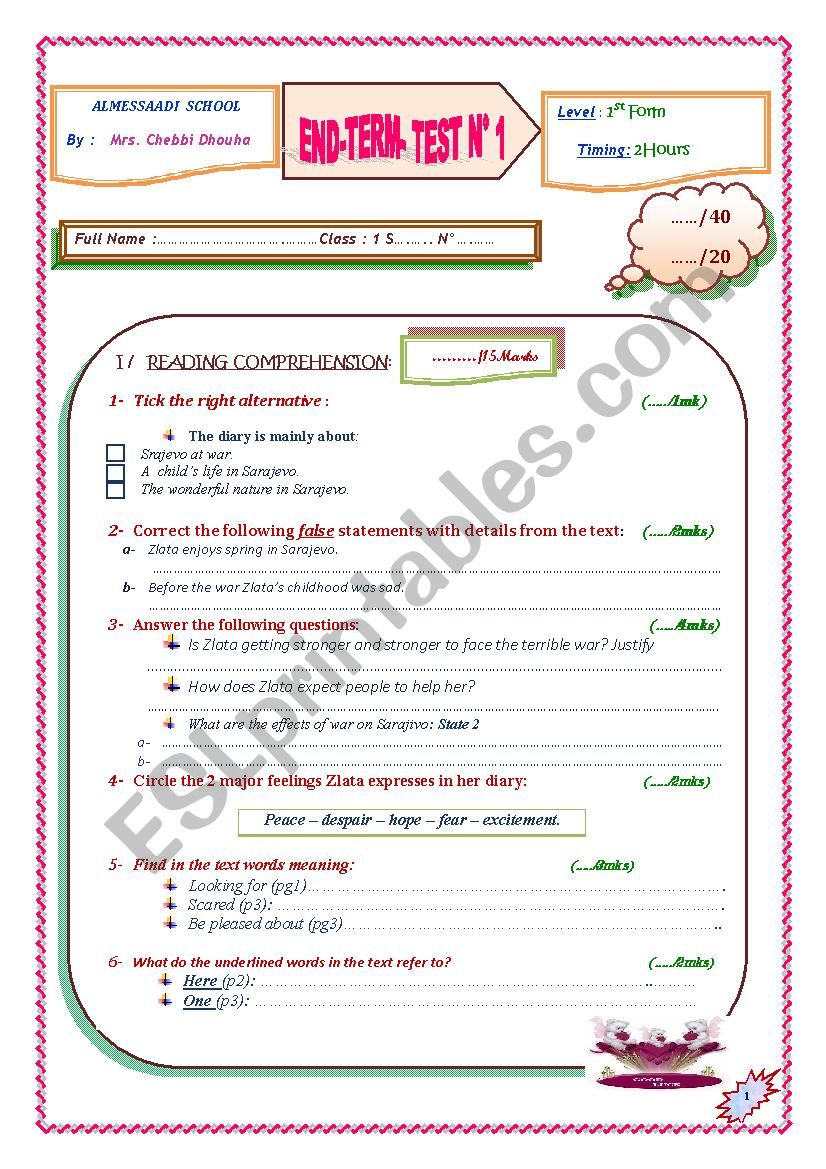 e-t-t 1: 1st form worksheet